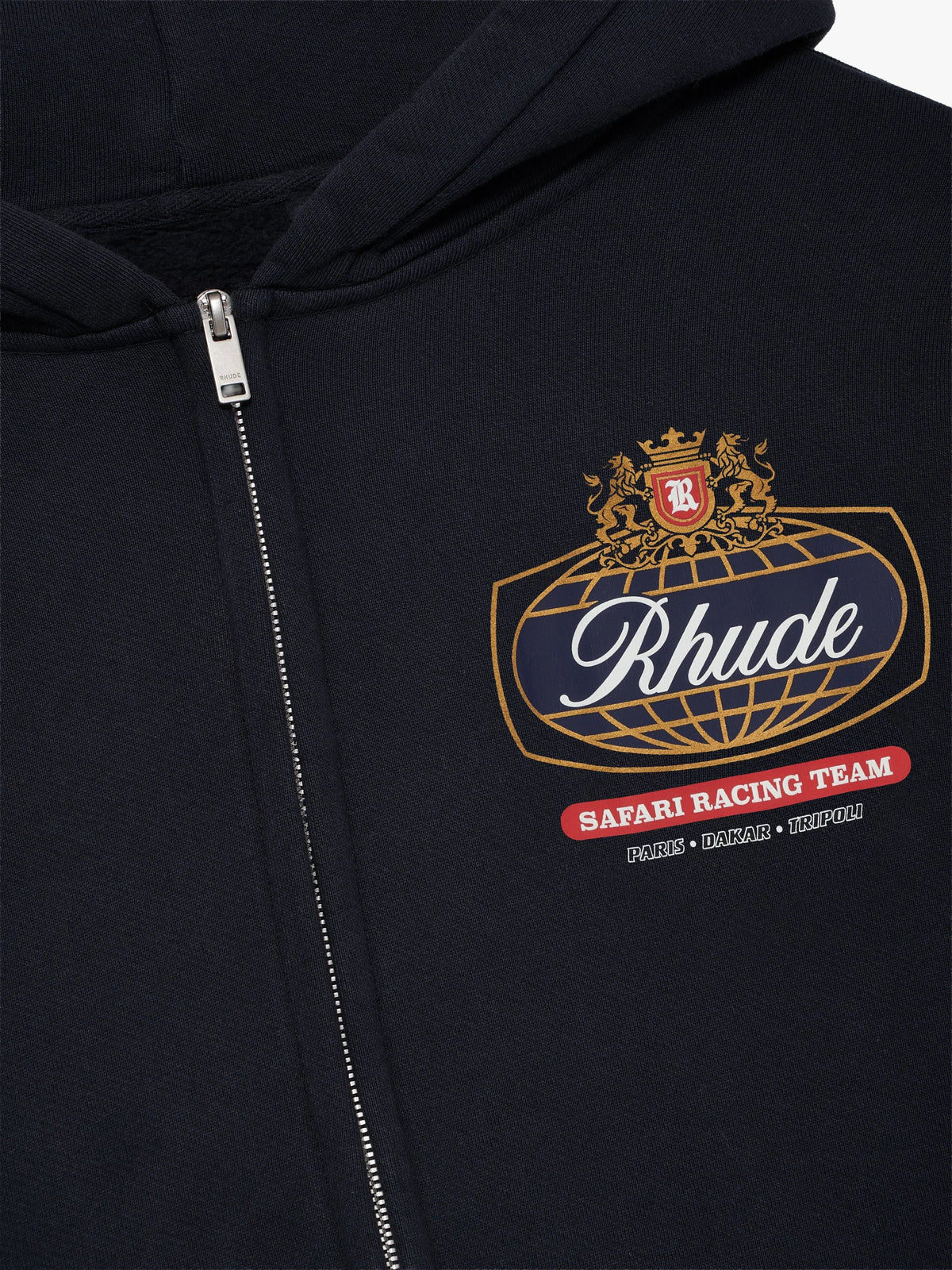 Rhude men's black cotton zip-up hoodie with gold Safari Crest logo on the chest, hood, front pockets and ribbed trims detail