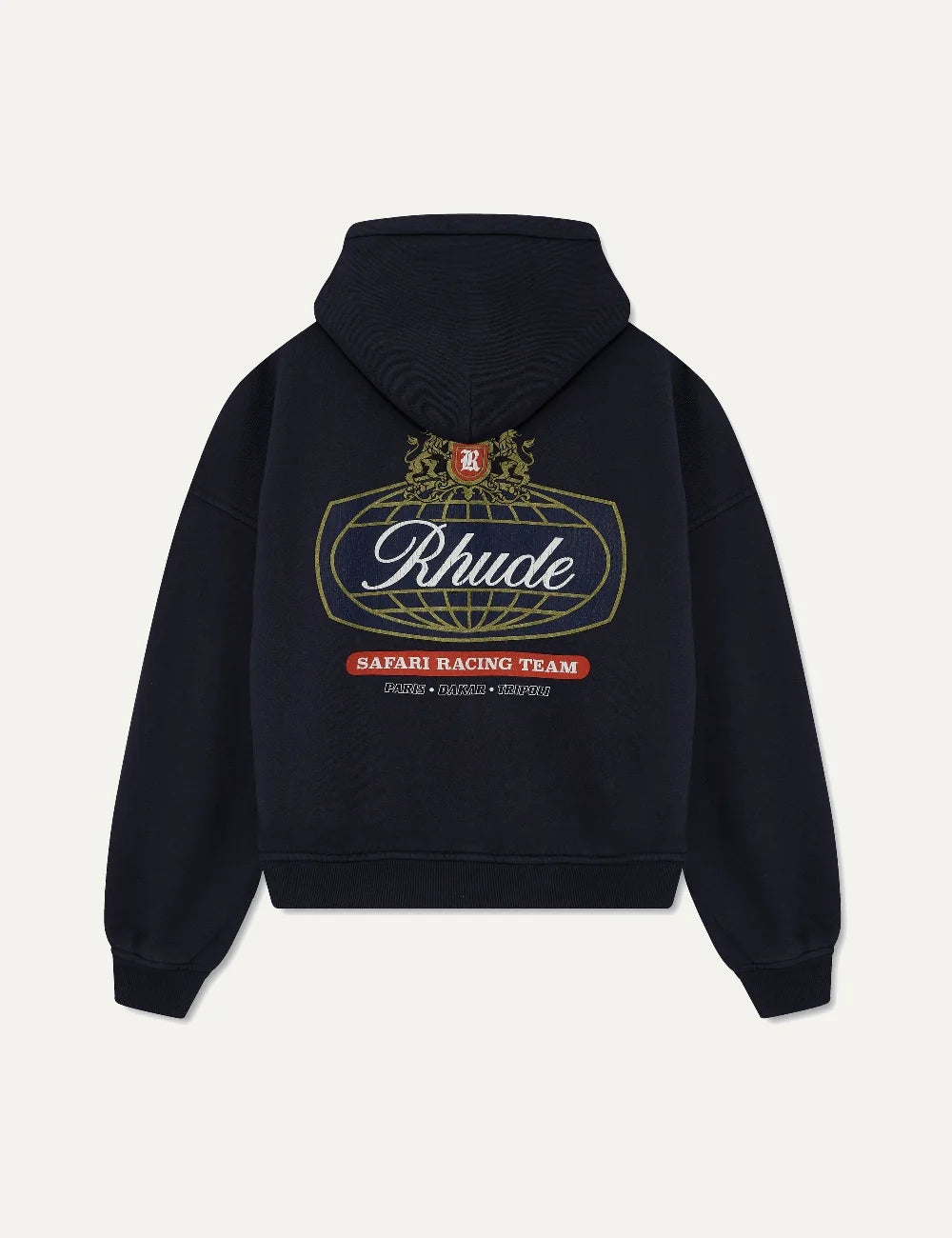 Rhude men's black cotton zip-up hoodie with gold Safari Crest logo on the chest, hood, front pockets and ribbed trims back