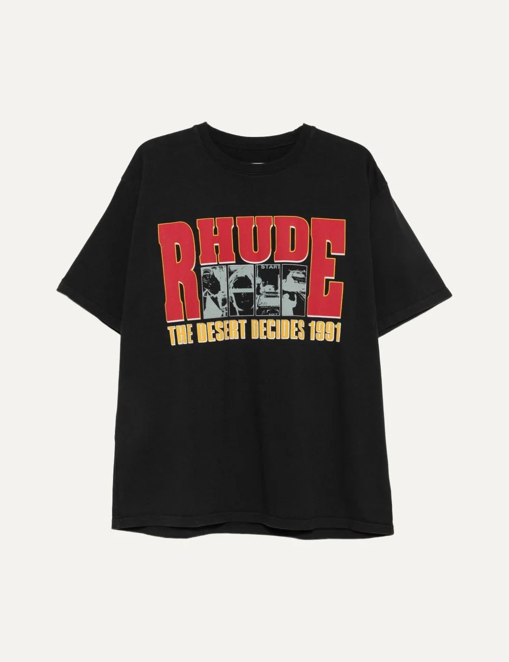 Rhude men's black cotton T-shirt with oversized red and yellow logo, black-and-white graphic panels and The Desert Decides 1991 front print.