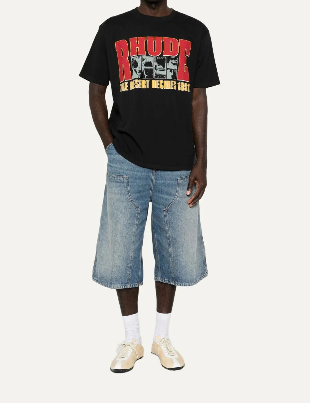Rhude men's black cotton T-shirt with oversized red and yellow logo, black-and-white graphic panels and The Desert Decides 1991 front print full body