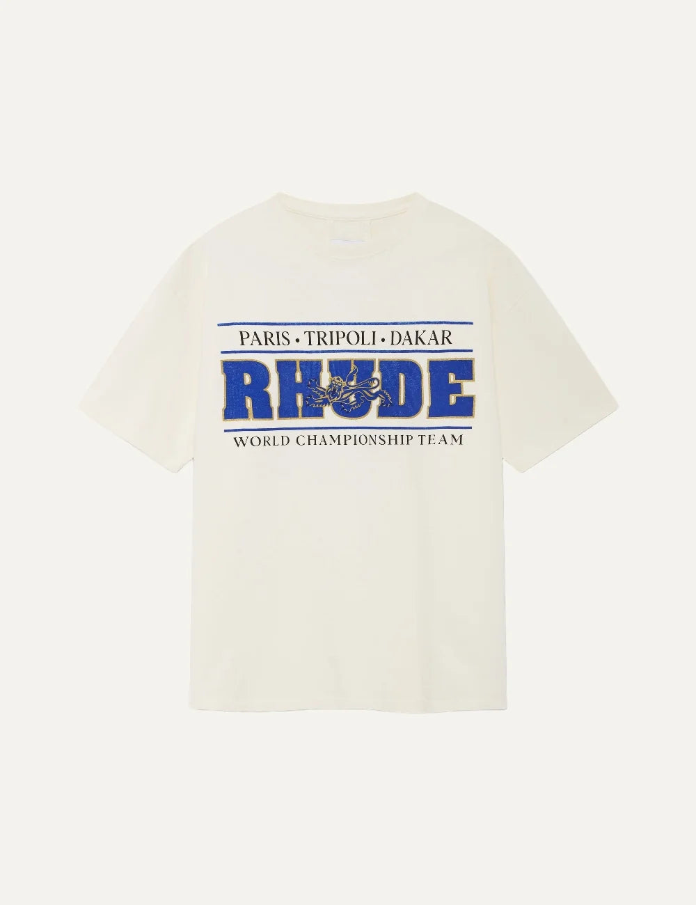 Rhude men's cream cotton T-shirt with blue and gold Chrono Championship Team graphic, Paris Tripoli Dakar lettering, crew neck and short sleeves.