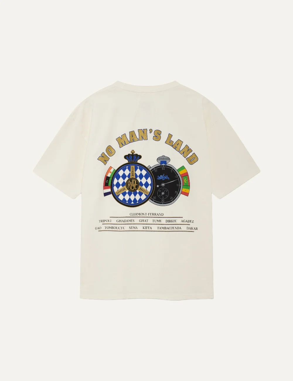 Rhude men's cream cotton T-shirt with blue and gold Chrono Championship Team graphic, Paris Tripoli Dakar lettering, crew neck and short sleeves back