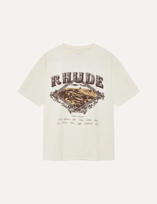 Rhude men's cream cotton T-shirt with brown Dakar Convoy desert graphic, oversized Rhude lettering, crew neck and short sleeves.
