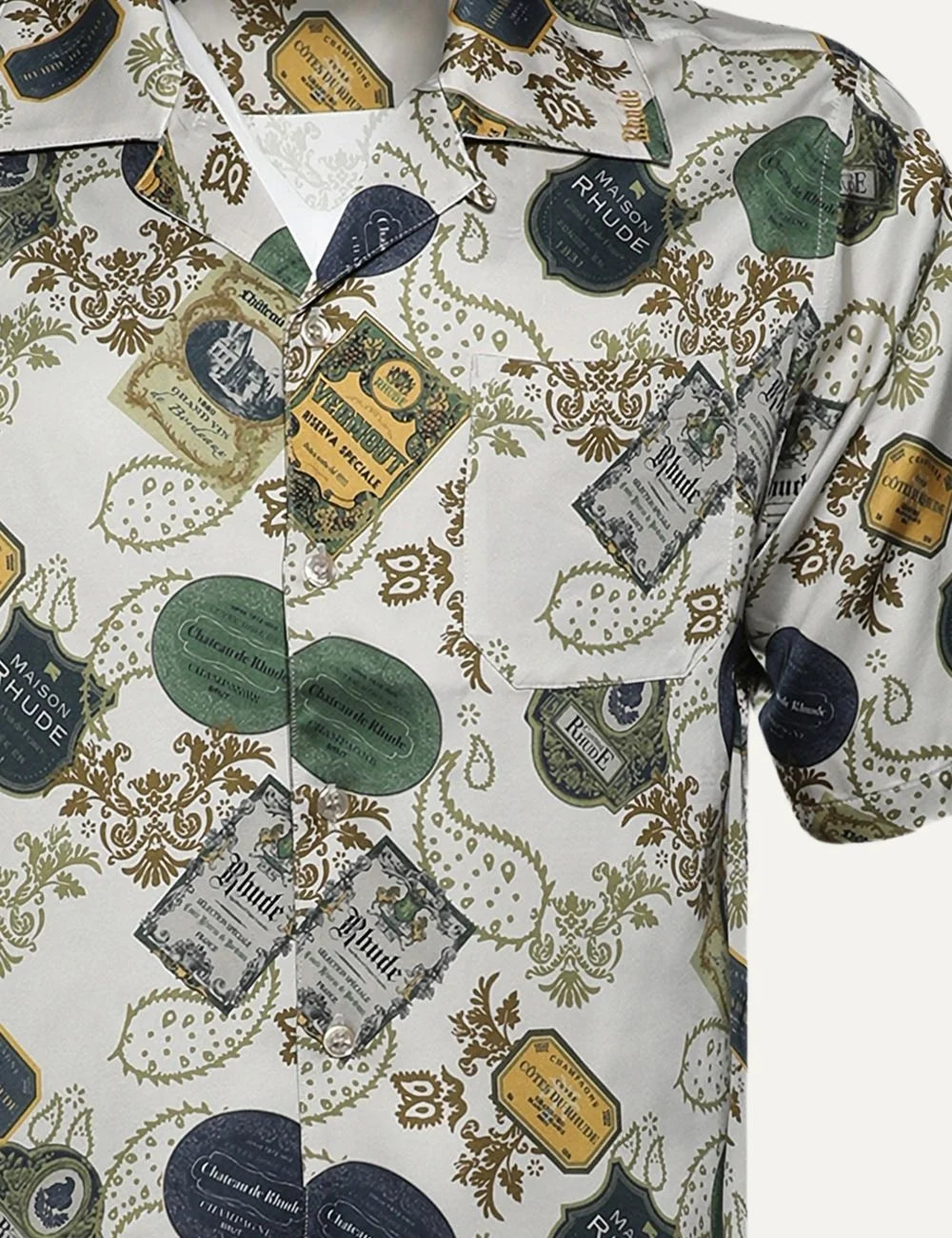 Rhude men's cream white short-sleeve cotton shirt with multicolor vintage label and bandana print, camp collar, button front and chest pocket detail