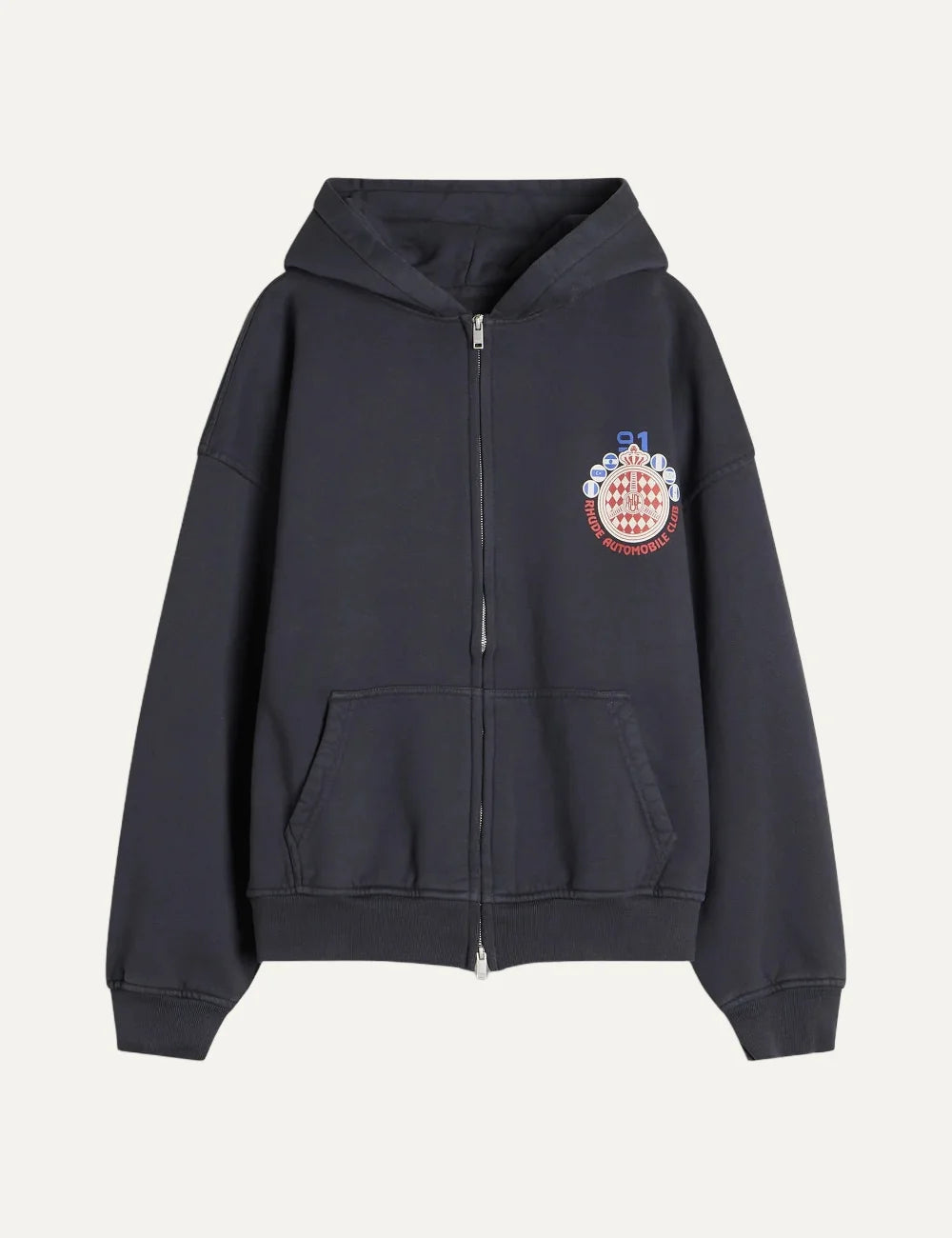 Rhude men's dark grey cotton zip-up hoodie with Automobile Club crest graphic, kangaroo pockets and ribbed trims.