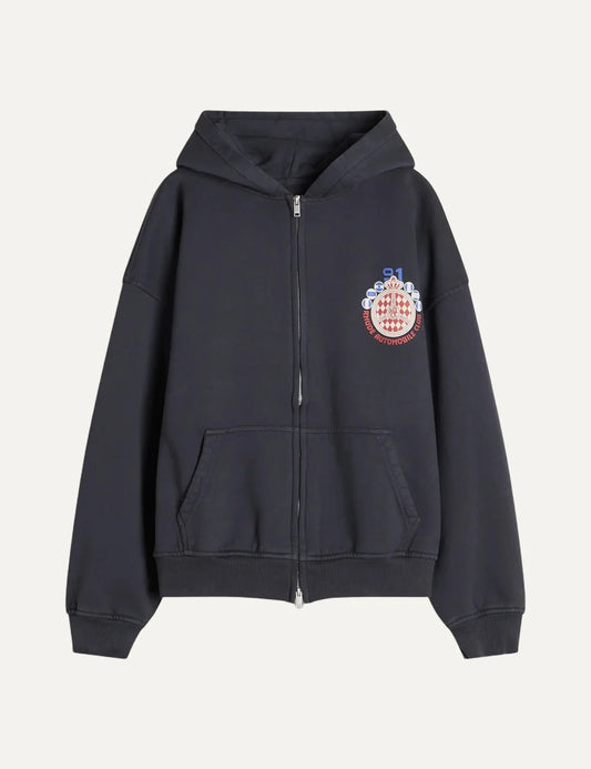 Rhude men's dark grey cotton zip-up hoodie with Automobile Club crest graphic, kangaroo pockets and ribbed trims.