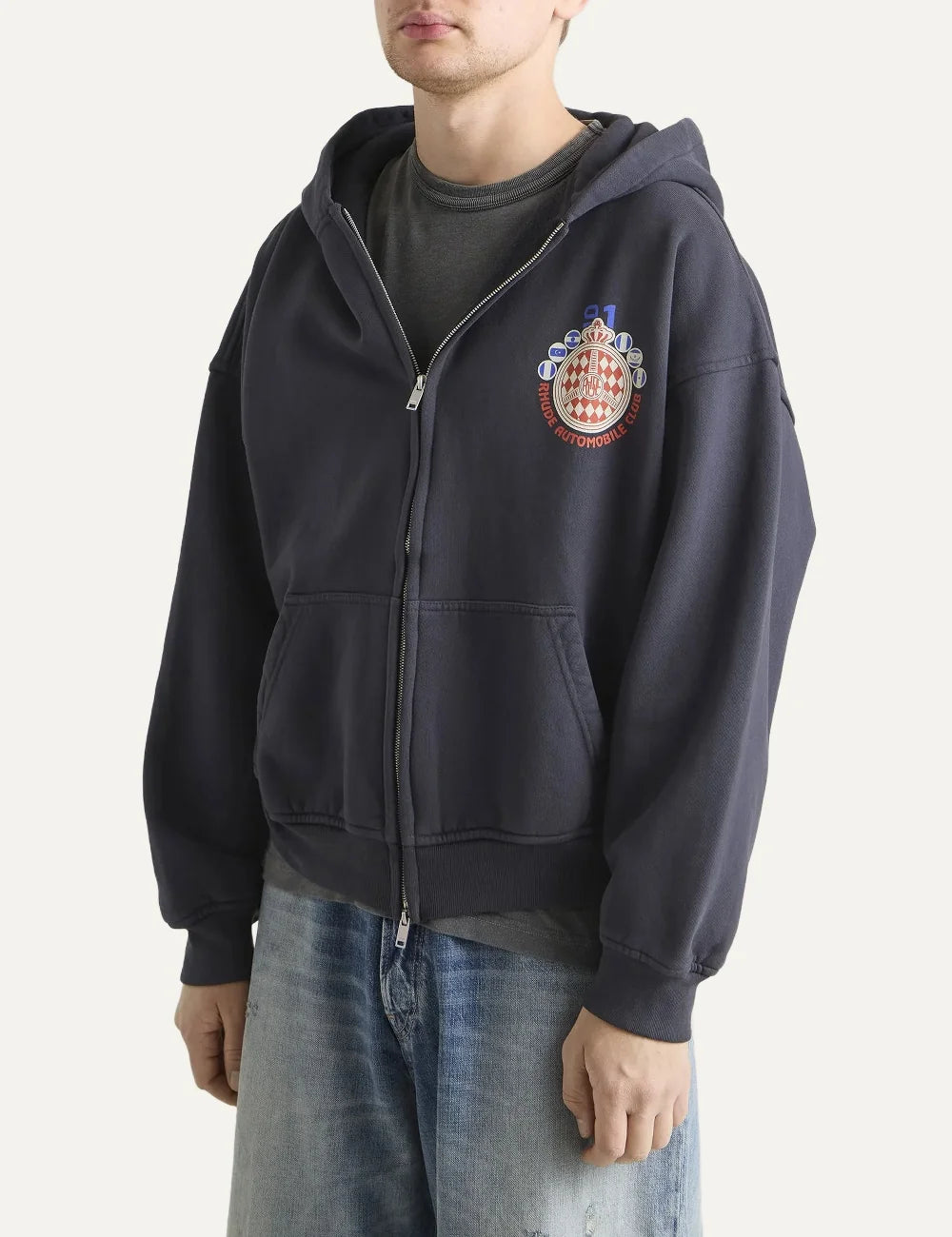 Rhude men's dark grey cotton zip-up hoodie with Automobile Club crest graphic, kangaroo pockets and ribbed trims side