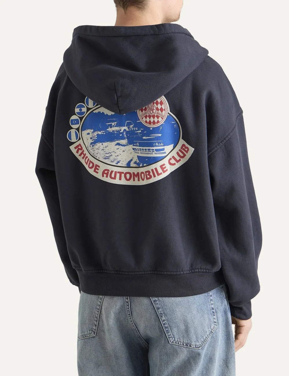 Rhude men's dark grey cotton zip-up hoodie with Automobile Club crest graphic, kangaroo pockets and ribbed trims back