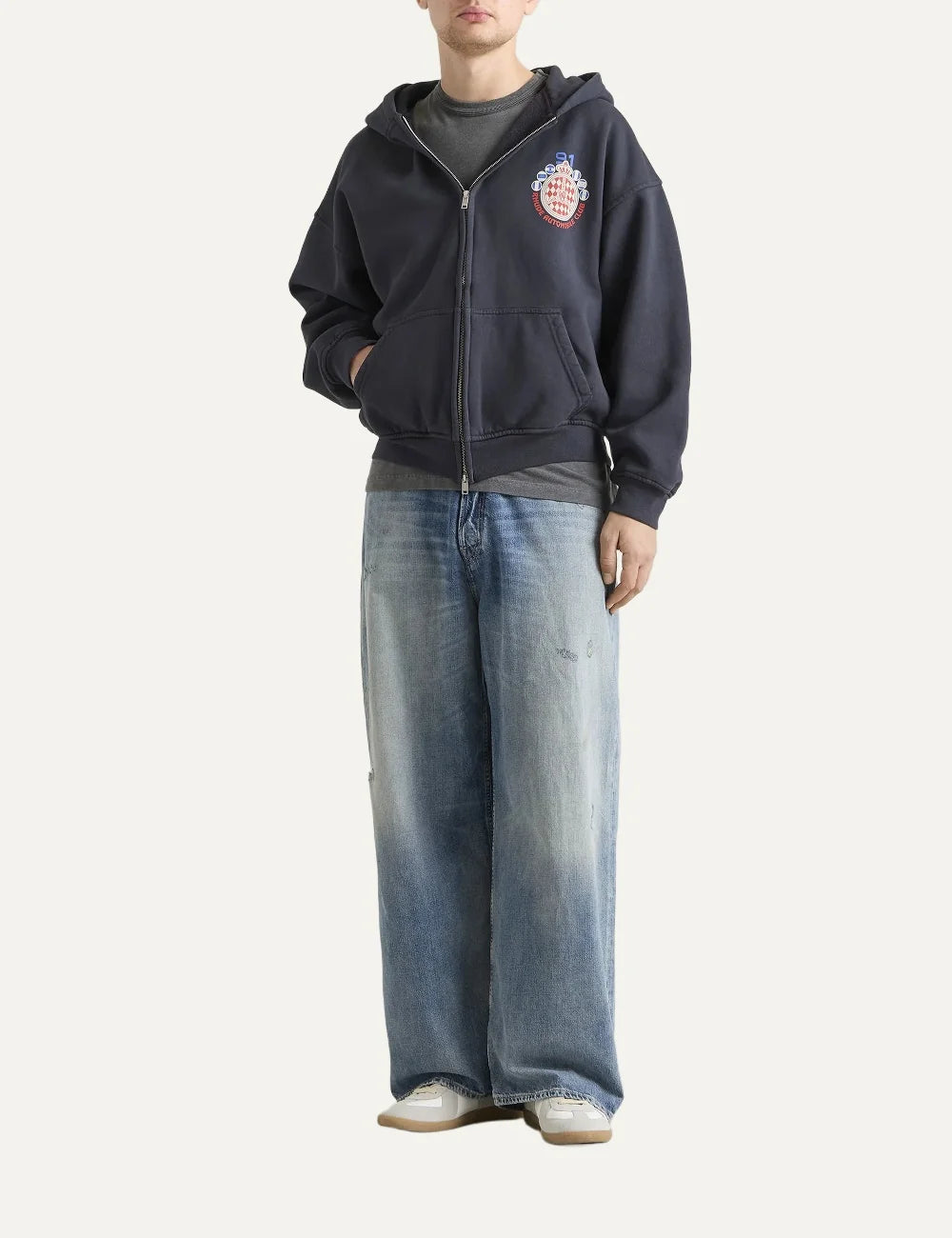 Rhude men's dark grey cotton zip-up hoodie with Automobile Club crest graphic, kangaroo pockets and ribbed trims full body