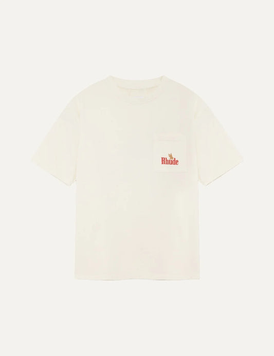 Rhude men's off-white cotton T-shirt with crew neck, short sleeves and chest pocket featuring red Rhude logo print.