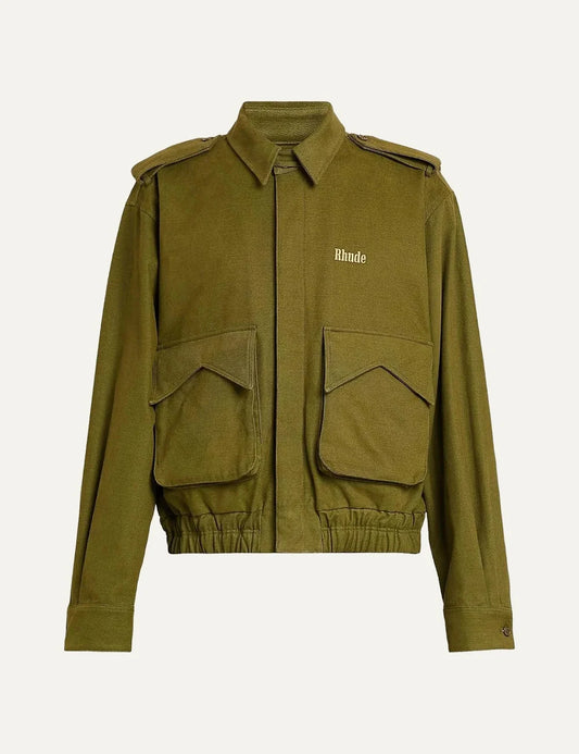 Rhude men's olive green pilot jacket with shoulder epaulettes, embroidered chest logo, two large flap pockets and elasticated hem.