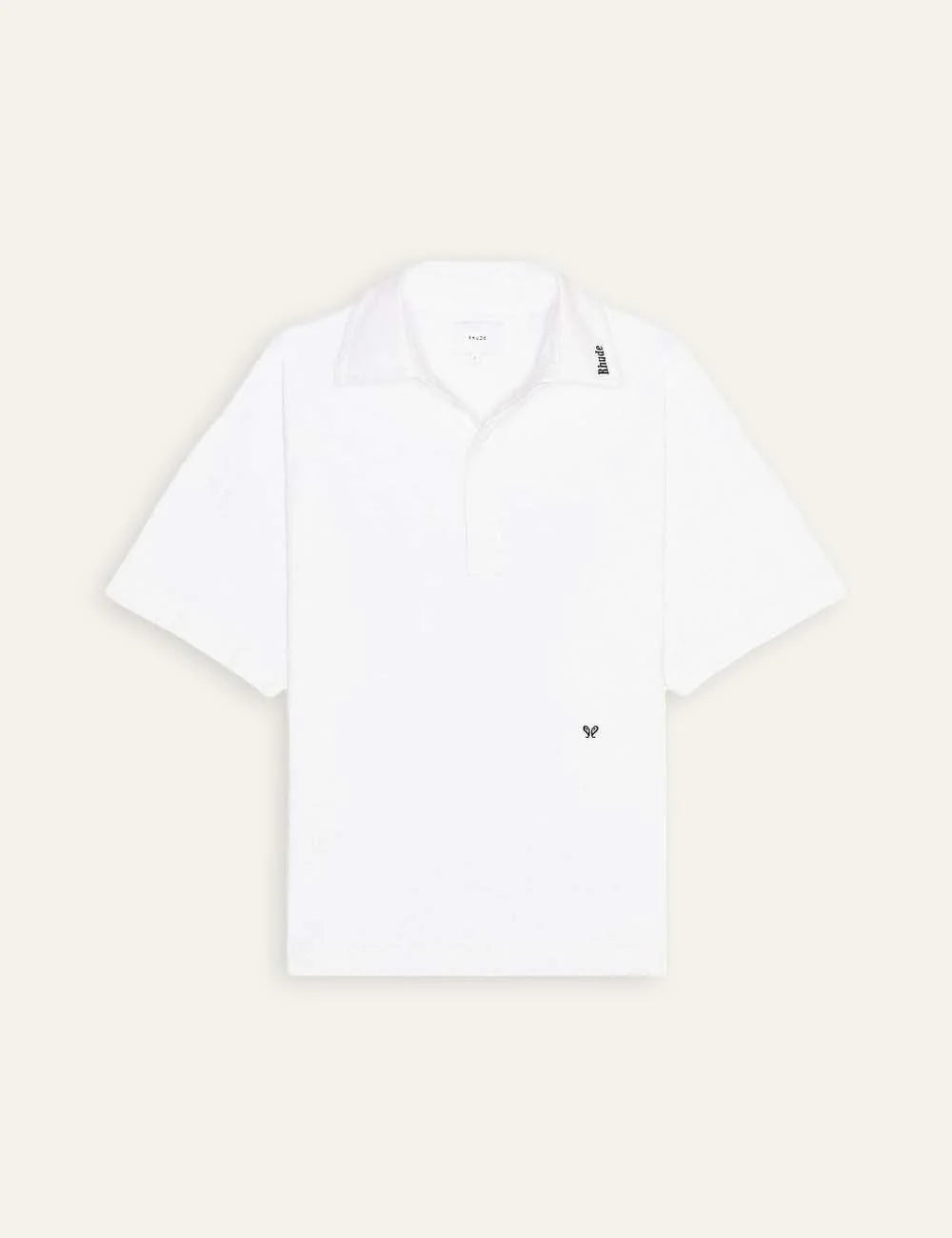 Rhude men's white cotton polo shirt with short sleeves, classic collar, black logo embroidery and front button placket