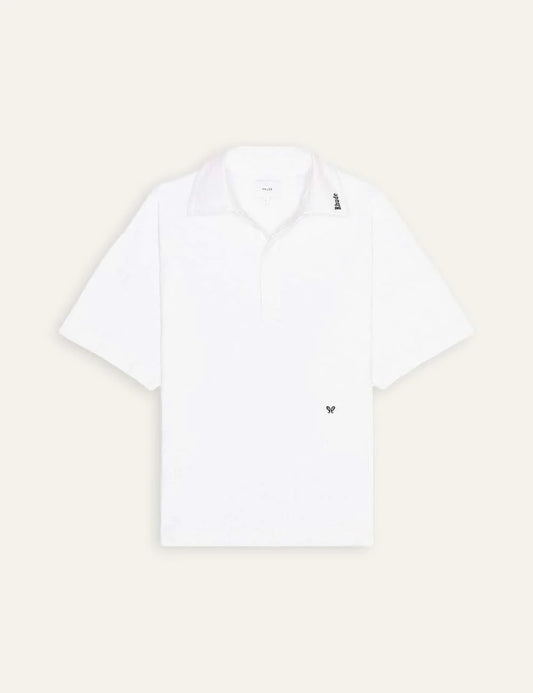 Rhude men's white cotton polo shirt with short sleeves, classic collar, black logo embroidery and front button placket