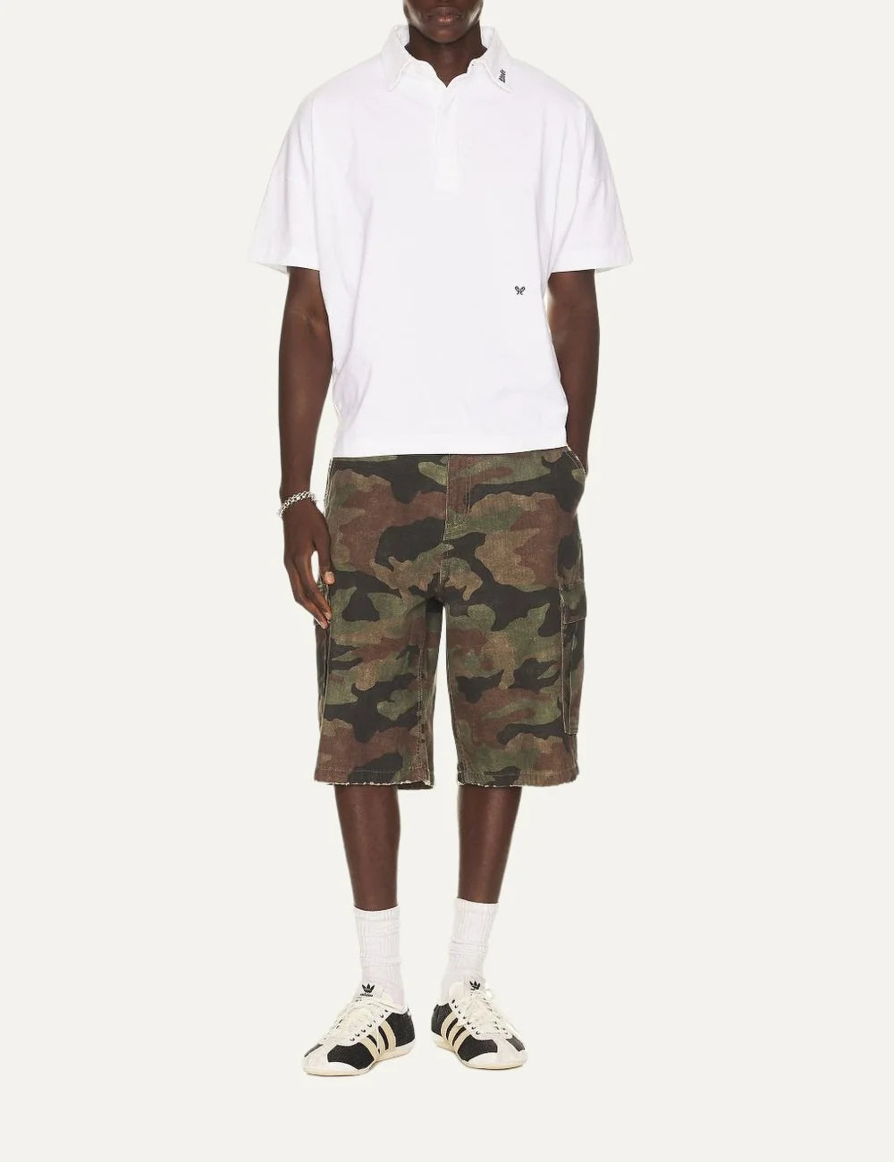 Rhude men's white cotton polo shirt with short sleeves, classic collar, black logo embroidery and front button placket full body