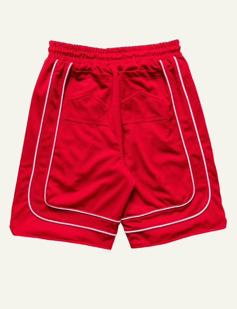 Rhude red mesh shorts baggy fit white piping back flat view