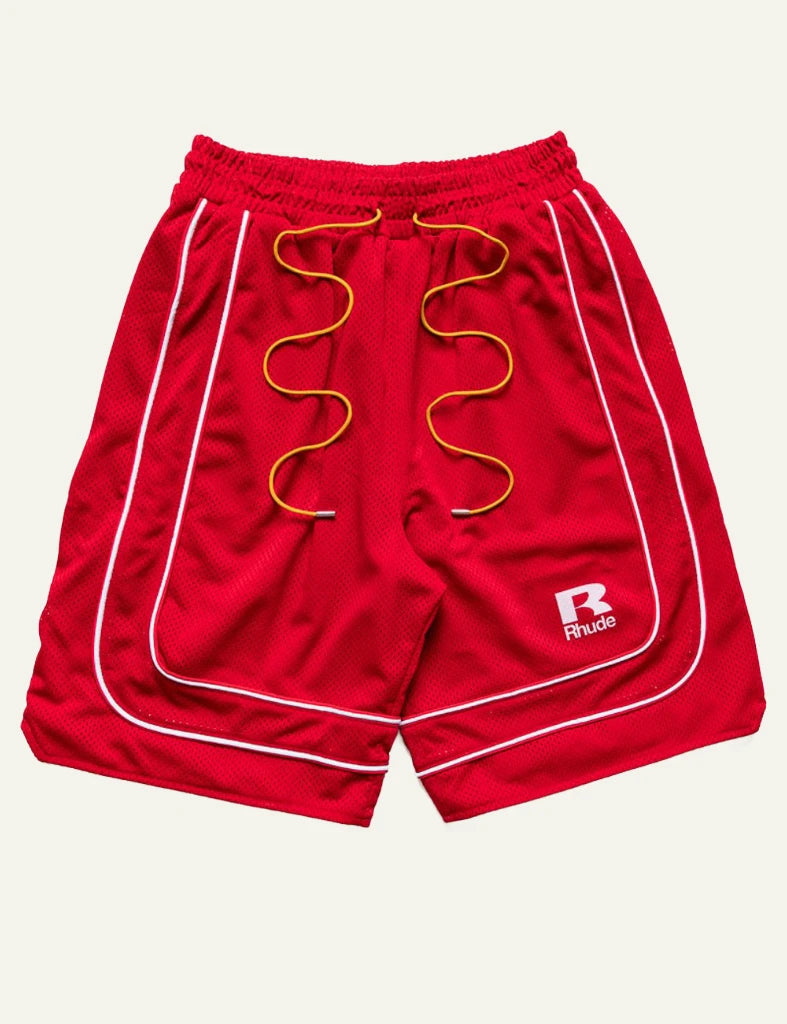 Rhude red mesh shorts baggy fit white piping front flat view