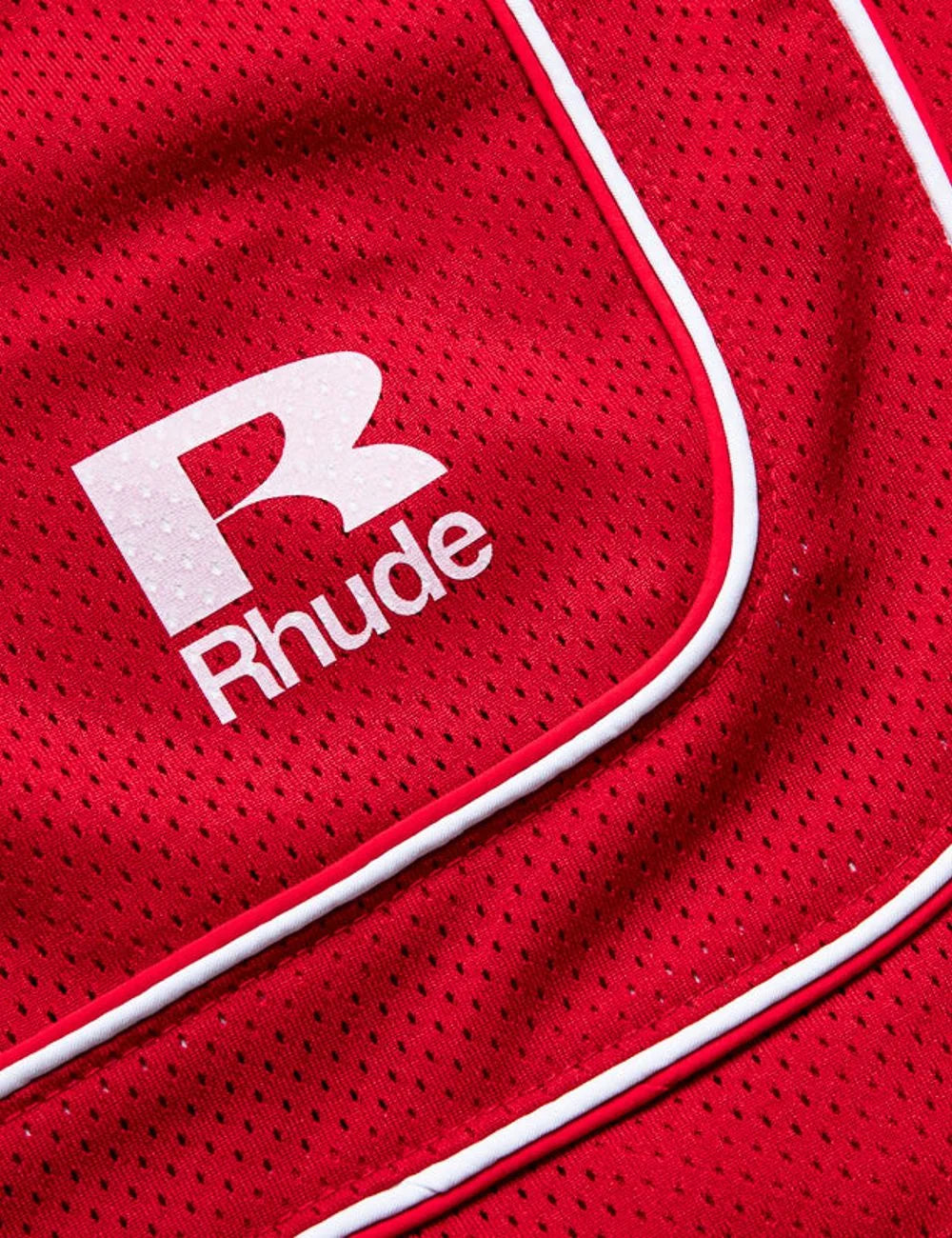Rhude red mesh shorts baggy fit white piping logo view