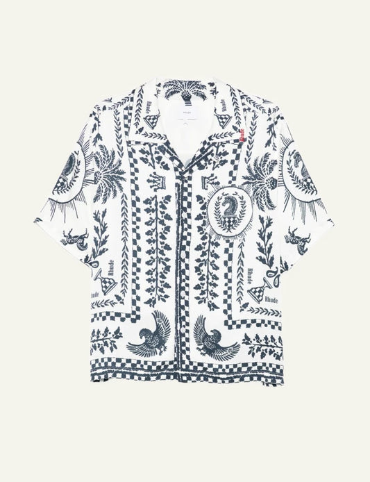 Rhude printed shirt white black pattern short sleeve front flat view