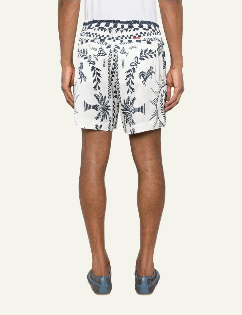 Rhude printed shorts white black pattern elastic waist back model view