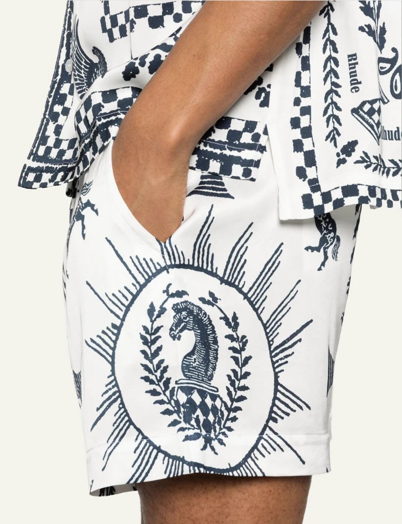 Rhude printed shorts white black pattern elastic waist close view