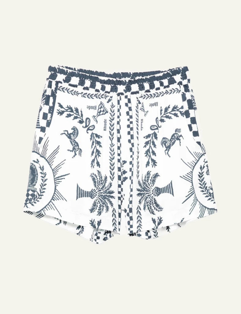 Rhude printed shorts white black pattern elastic waist front flat view