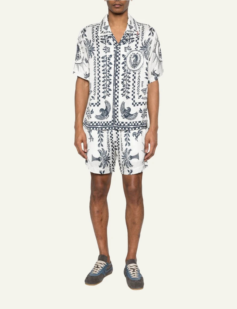 Rhude printed shorts white black pattern elastic waist full body view