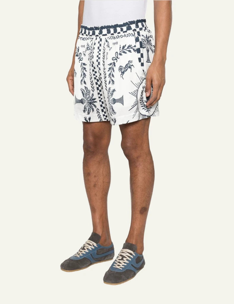 Rhude printed shorts white black pattern elastic waist side model view