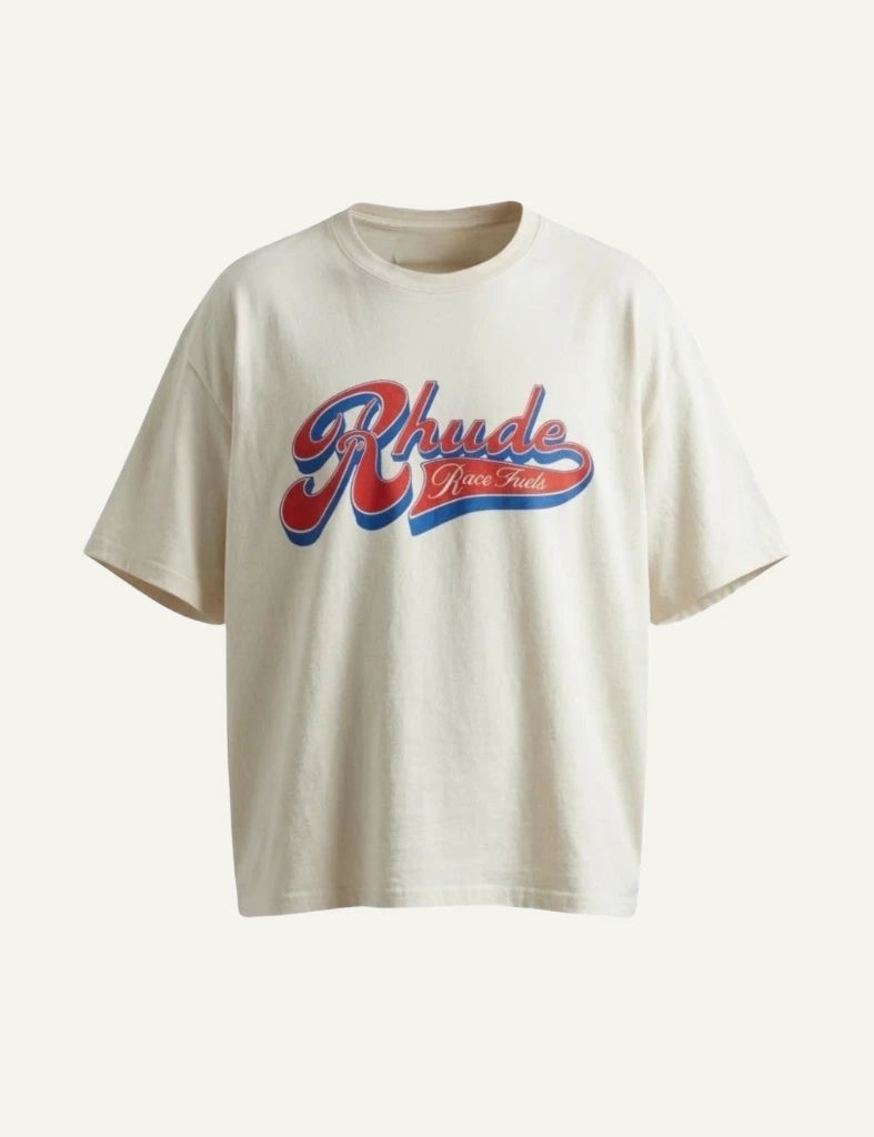 Rhude Race Fuels tee off white short sleeve graphic front flat view