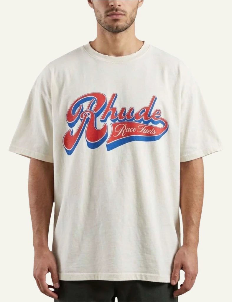 Rhude Race Fuels tee off white short sleeve graphic front model view