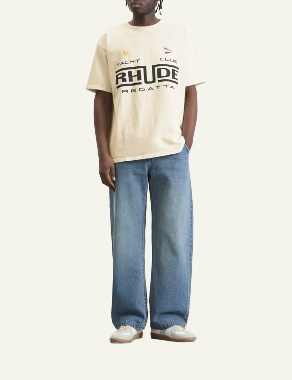 Rhude Regatta Club tee vintage white front look full body