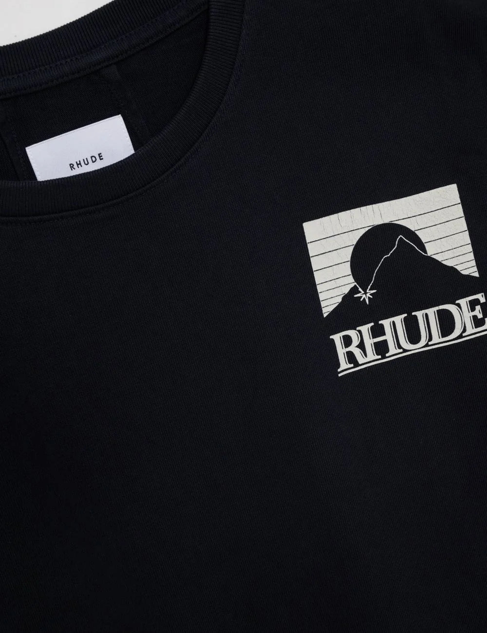 Rhude RHPS26TT07012 Moonlight Pack tee vintage black white logo detail view