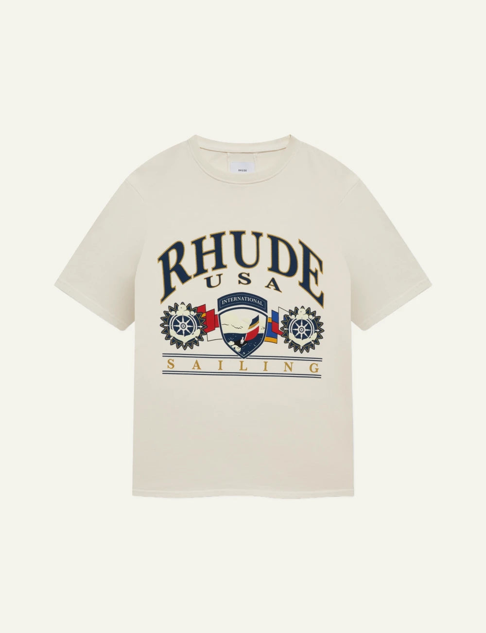 Rhude RHPS26TT10012 USA Sailing icon tee vintage white graphic front view