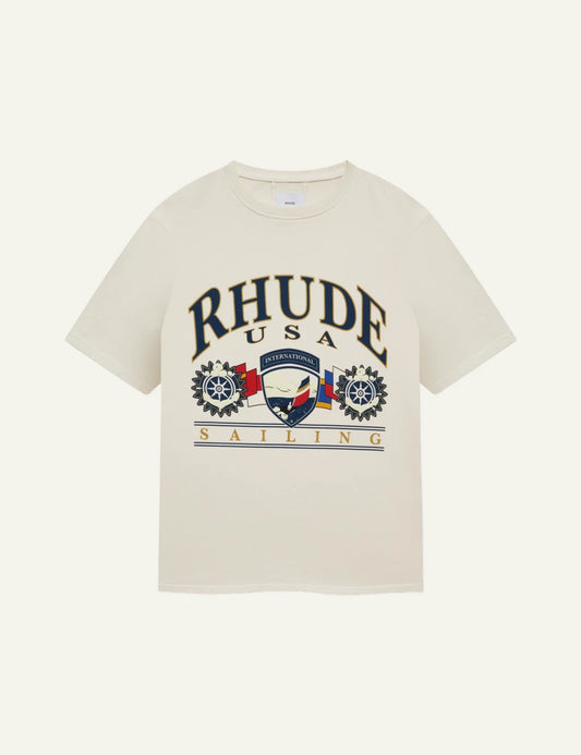 Rhude RHPS26TT10012 USA Sailing icon tee vintage white graphic front view