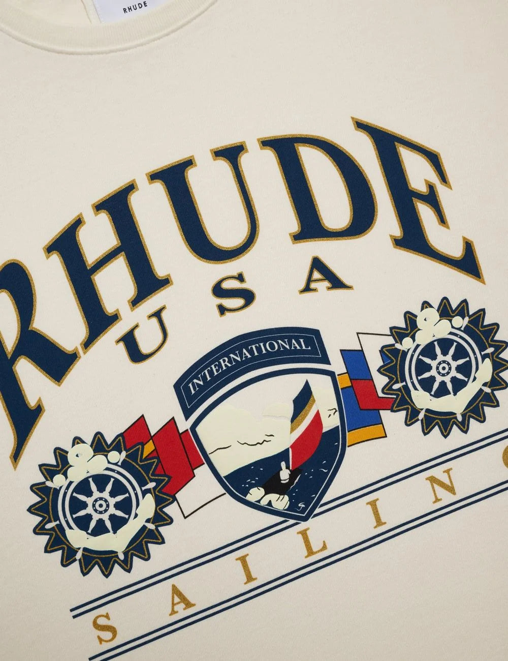 Rhude RHPS26TT10012 USA Sailing icon tee vintage white graphic front detail view