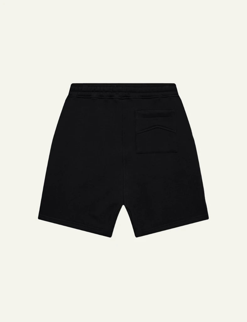 Rhude black sweat shorts mustard drawstrings logo back flat view