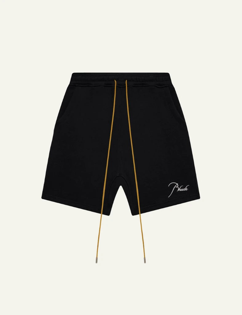 Rhude black sweat shorts mustard drawstrings logo front flat view