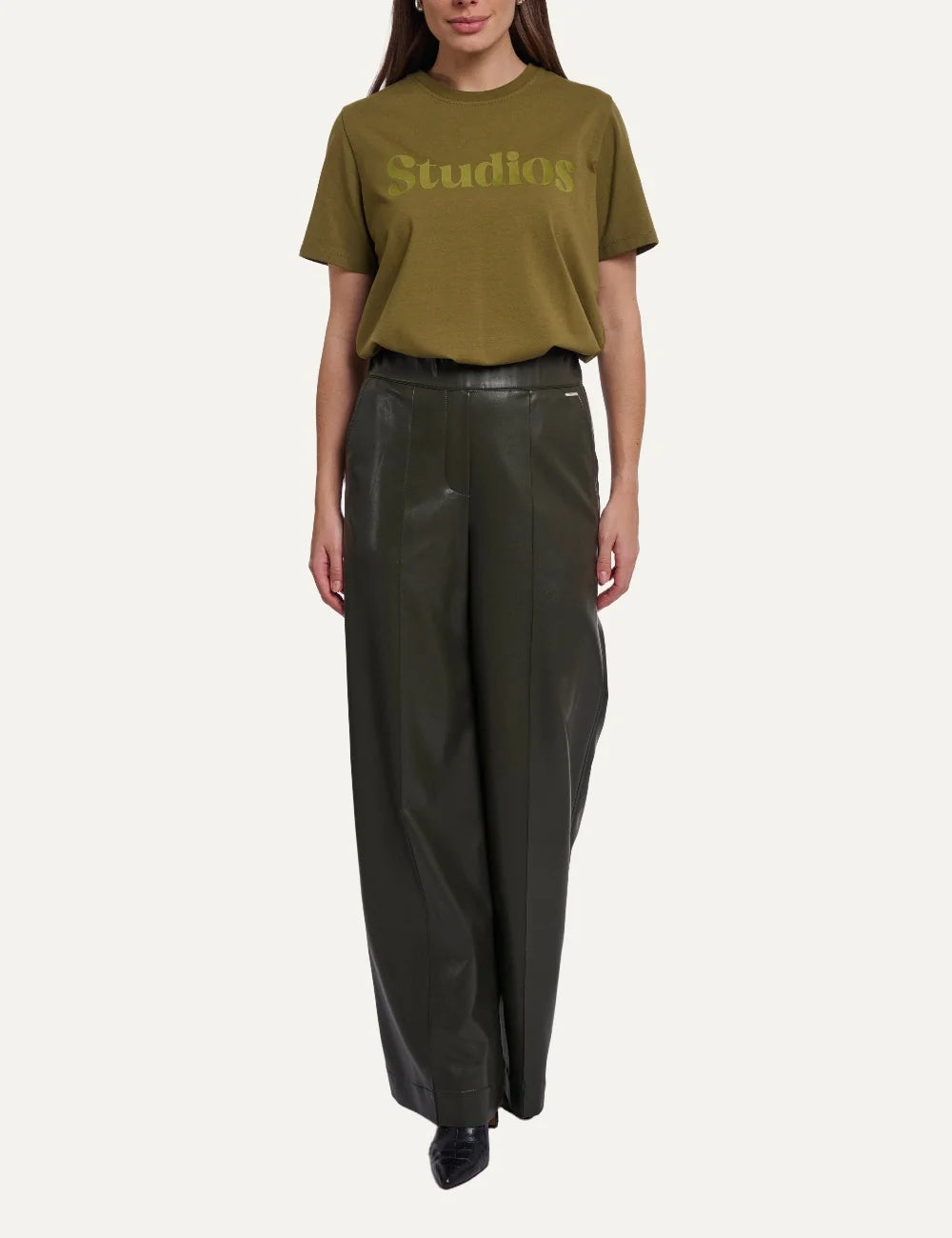 Rino &amp; Pelle women's hunter green faux leather wide leg trousers full body