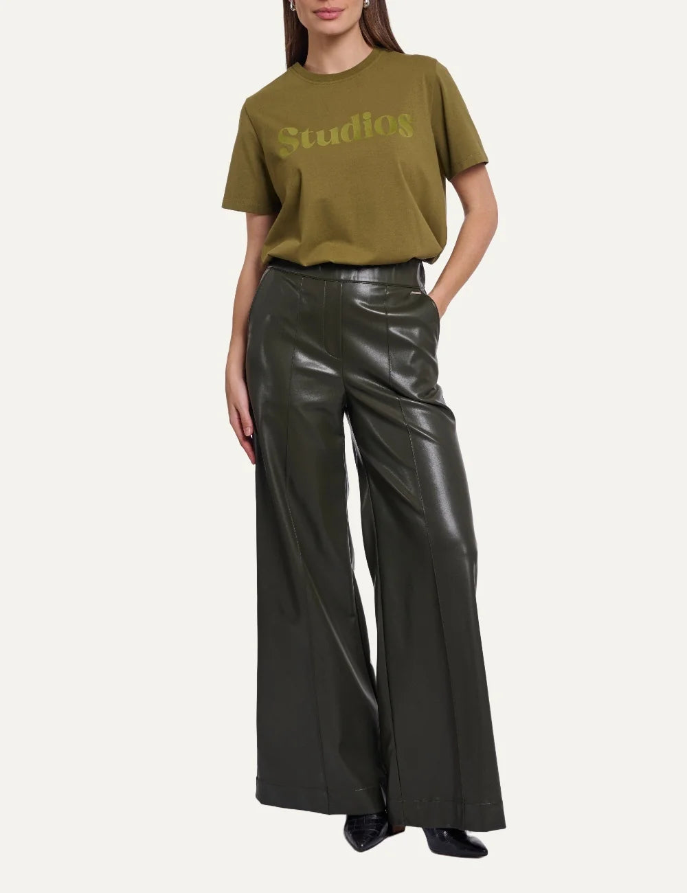 Rino &amp; Pelle women's hunter green faux leather wide leg trousers full body