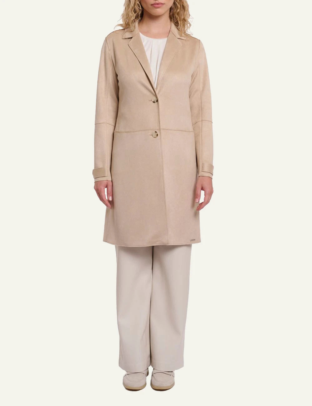 Rino Pelle Babice long faux suede coat oat front full body view