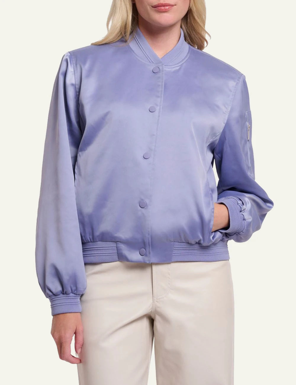 Rino pelle bomber jacket brushed blue shiny fabric front view