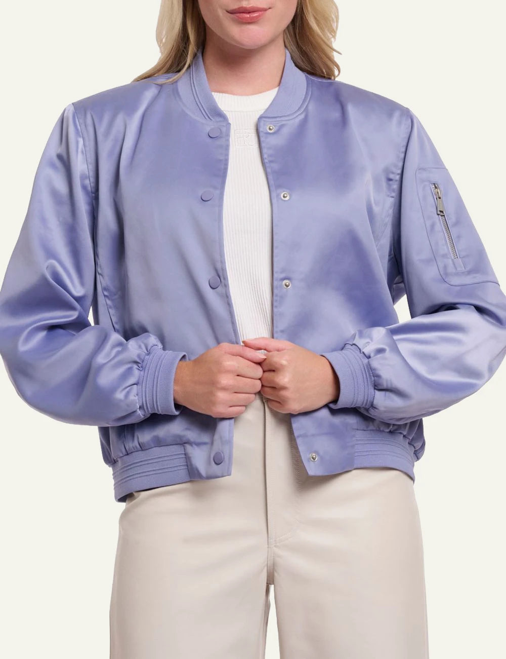 Rino pelle bomber jacket brushed blue shiny fabric front model view