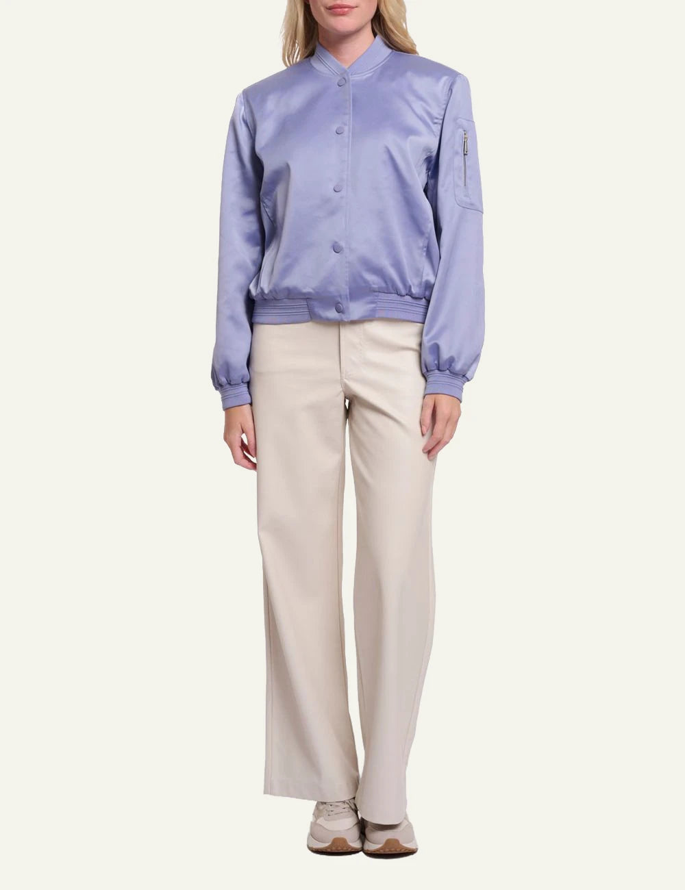 Rino pelle bomber jacket brushed blue shiny fabric front full body view