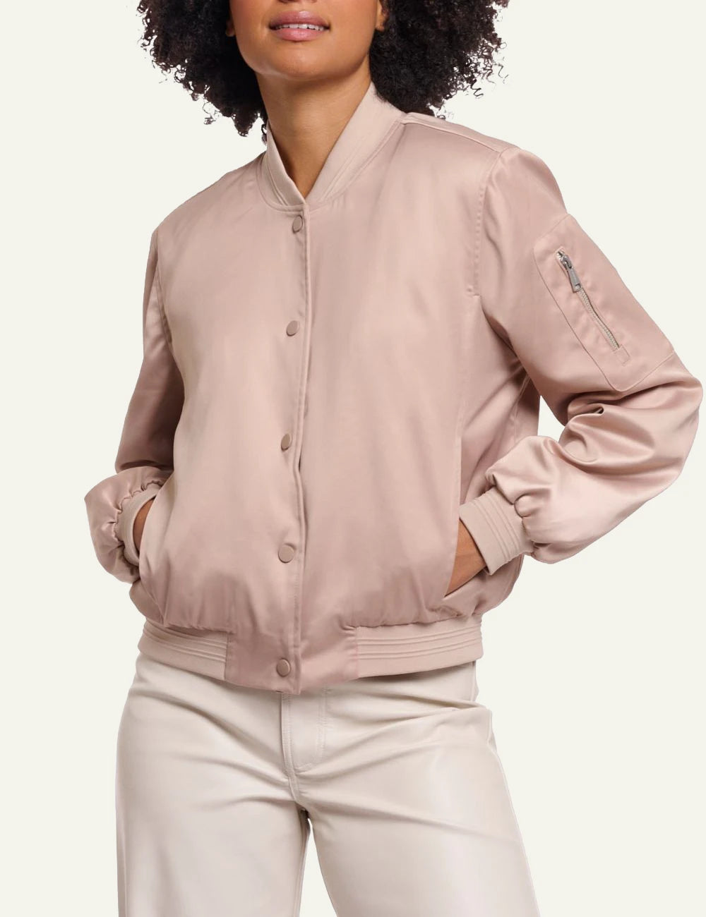 Rino pelle bomber jacket smoked pearl shiny fabric front detail view