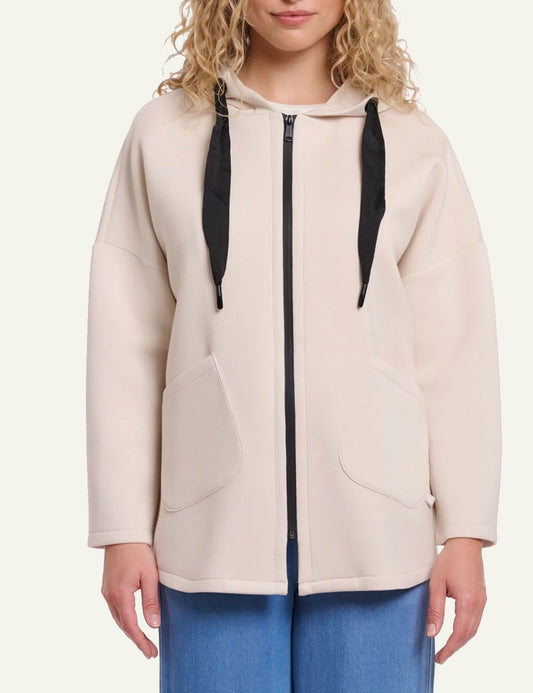 Rino Pelle Bray coat birch hooded mid length zip front view