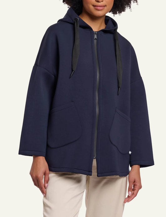 Rino Pelle Bray coat dark navy hooded mid length zip front view