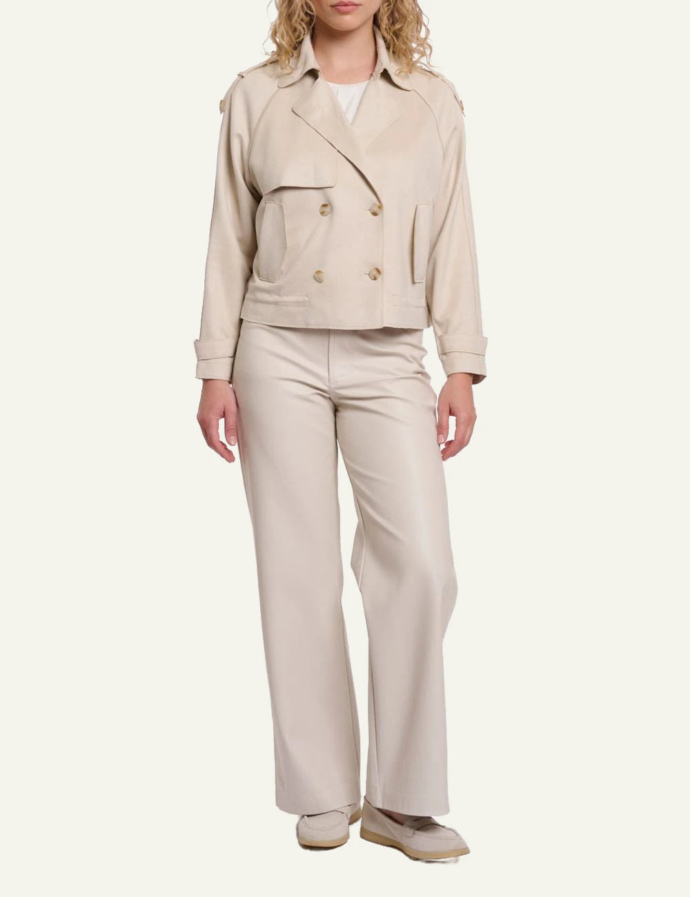 Rino Pelle Doona short trenchcoat birch faux suede front full body view