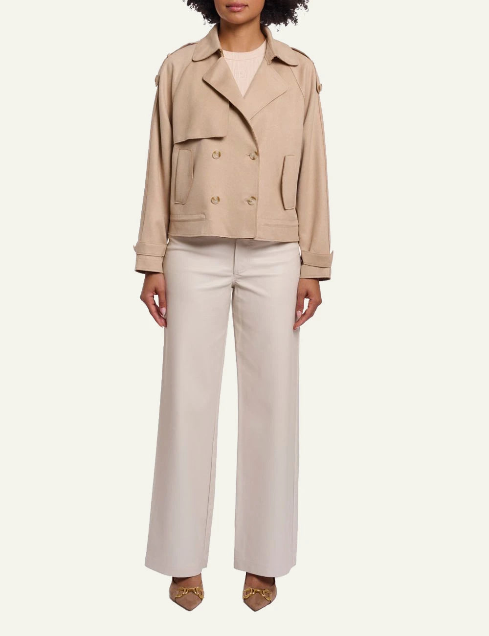 Rino Pelle Doona short trenchcoat oat faux suede front full body view