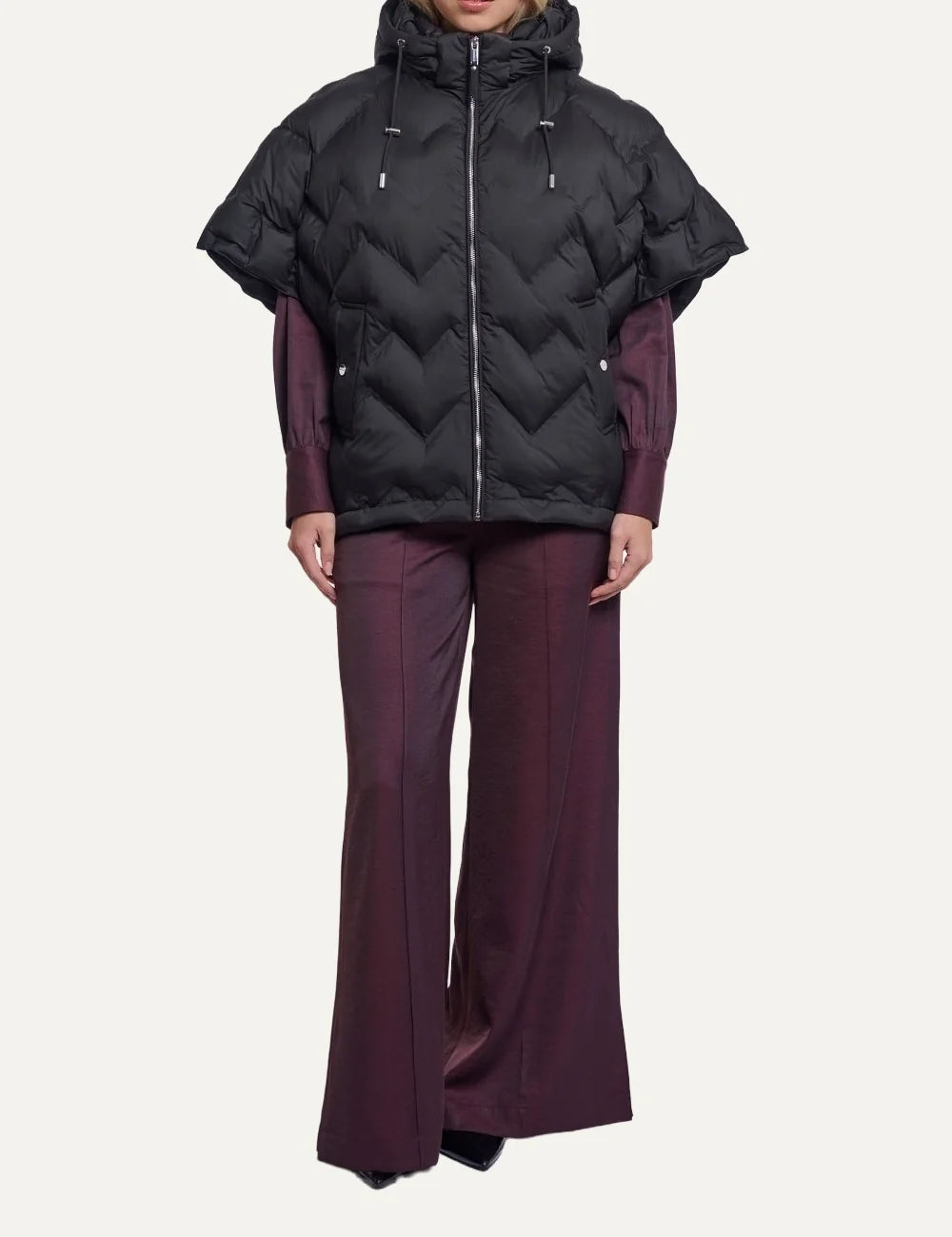 Rino &amp; Pelle women's black quilted oversized hooded puffer cape full body