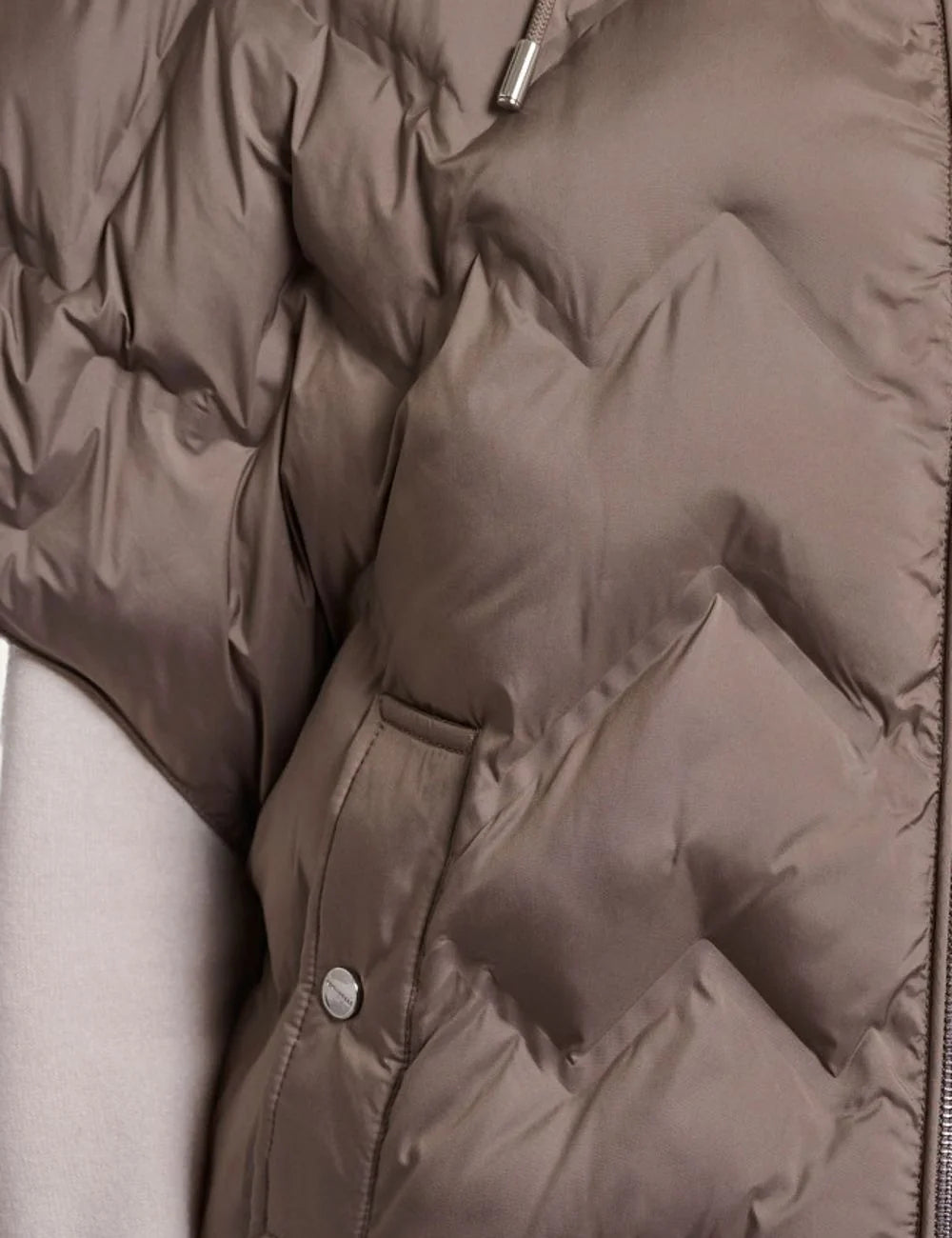 Rino &amp; Pelle women's brown quilted oversized hooded puffer cape detail