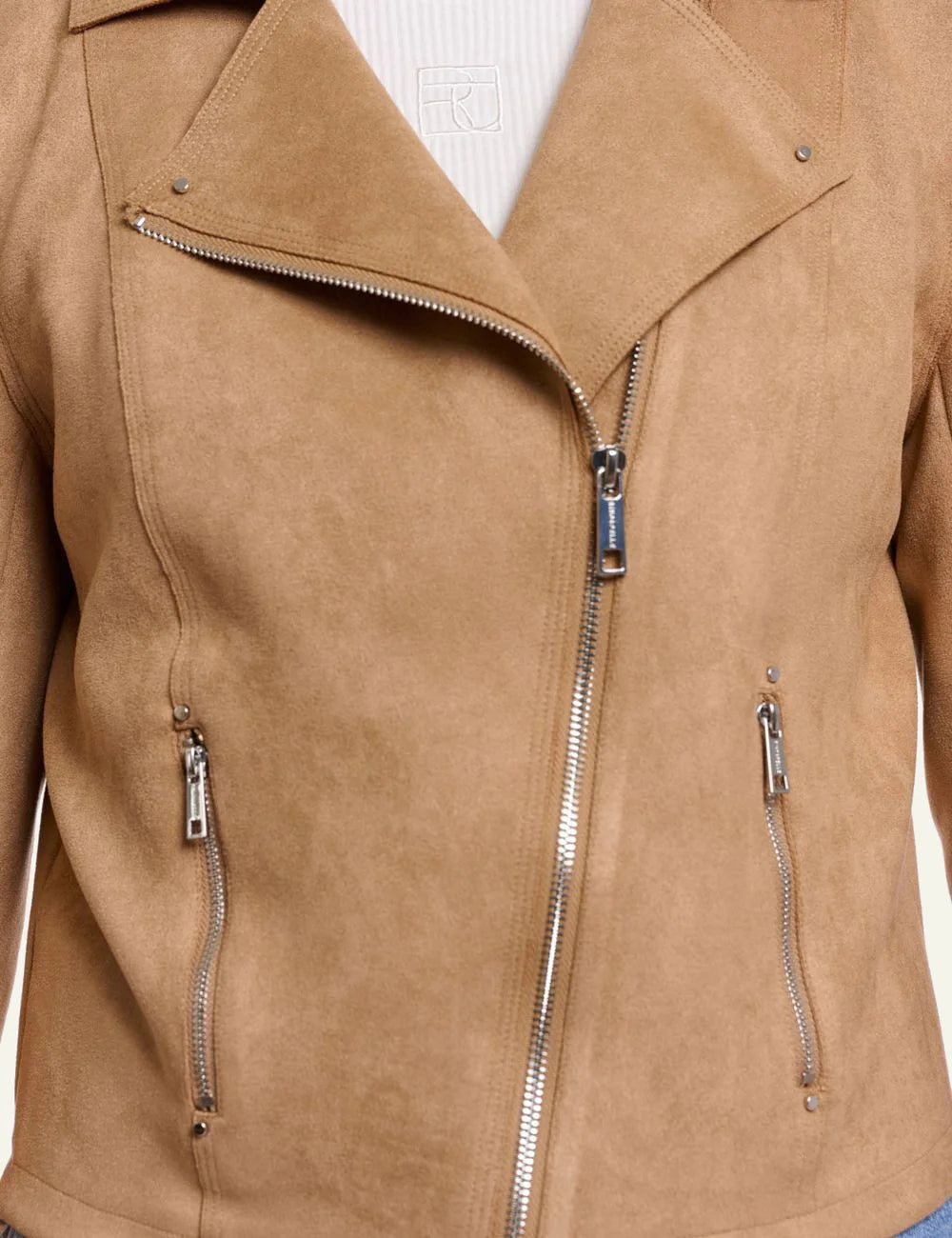 Rino Pelle Ine jacket burlywood faux suede biker zip detail view